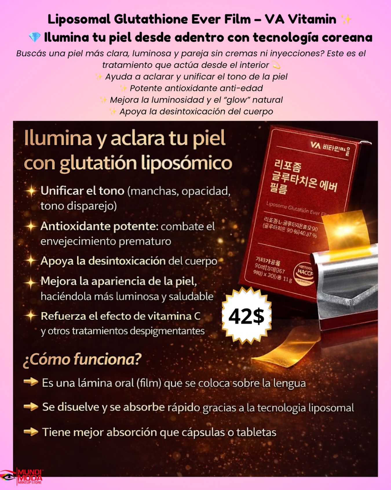 laminas de glutathione para que sirve ✨ Liposomal Ever Film – VA Vitamin ✨ 💎 Ilumina tu piel desde adentro con tecnología coreana 💰 Precio: $42 o C$1,539 ¿Buscás una piel más clara, luminosa y pareja sin PDRN Pink Glutathione Capsule