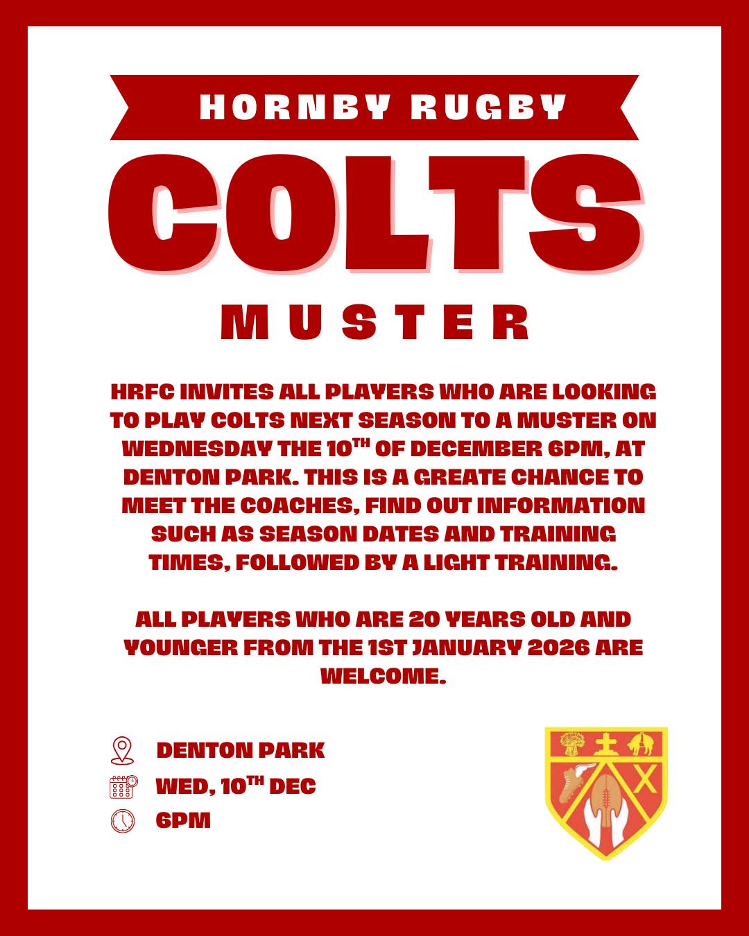 Hornby - HRFC Colts Muster‼️ HRFC Invites all potential colts for 2026 ...