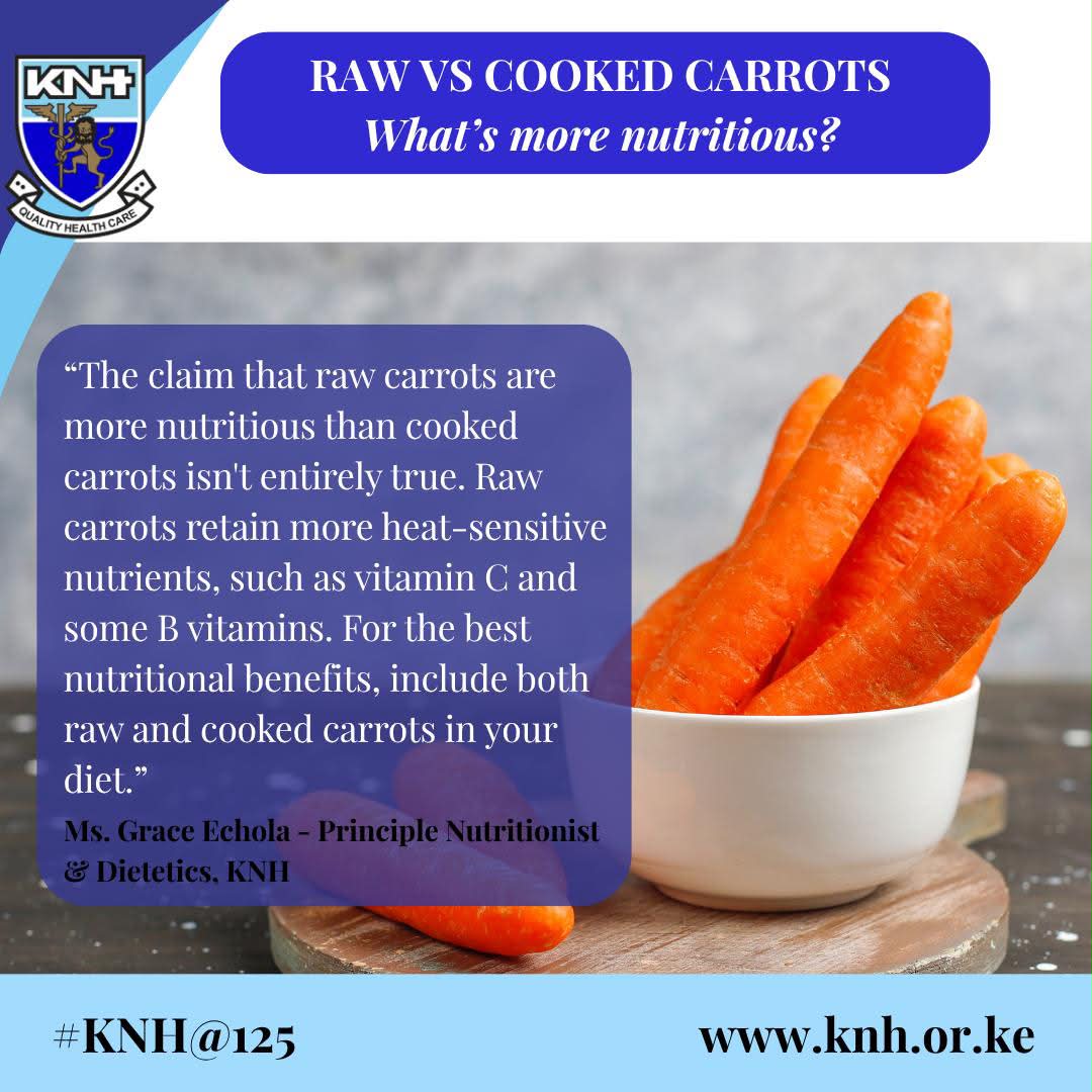Cooked carrots increases bioavailability of beta-caroten, the antioxidant that the body converts into Vitamin A. A little fat added during cooking improves absorption since it is a Fat soluble vitamin. #KNHInakujali #KNHAt125