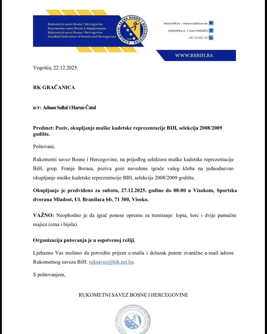 RK Gračanica - Gračanica, 29.11.2020.g. PML 7.kolo; srijeda 18,00 sati ...