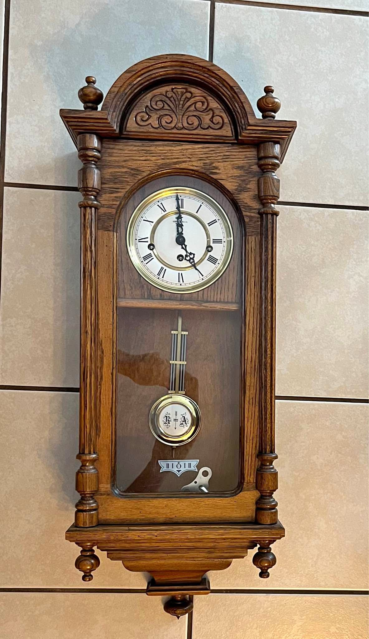 Howard Miller Clock Co. Wooden Oak Chime Wall Clock w/ Key Wind Up ...