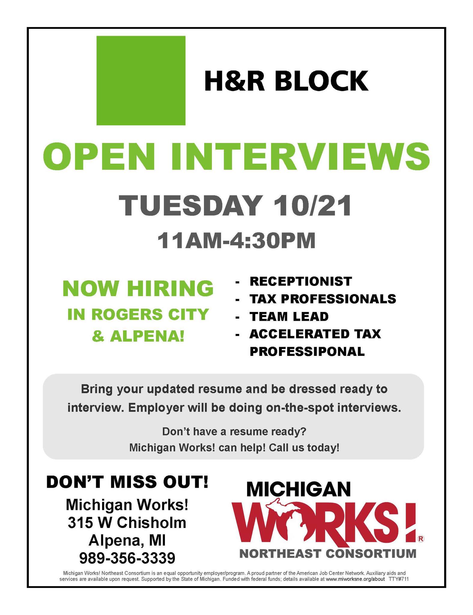 ALPENA JOB FAIR - SAVE THE DATE * Thursday April 30th * 3-5pm at 