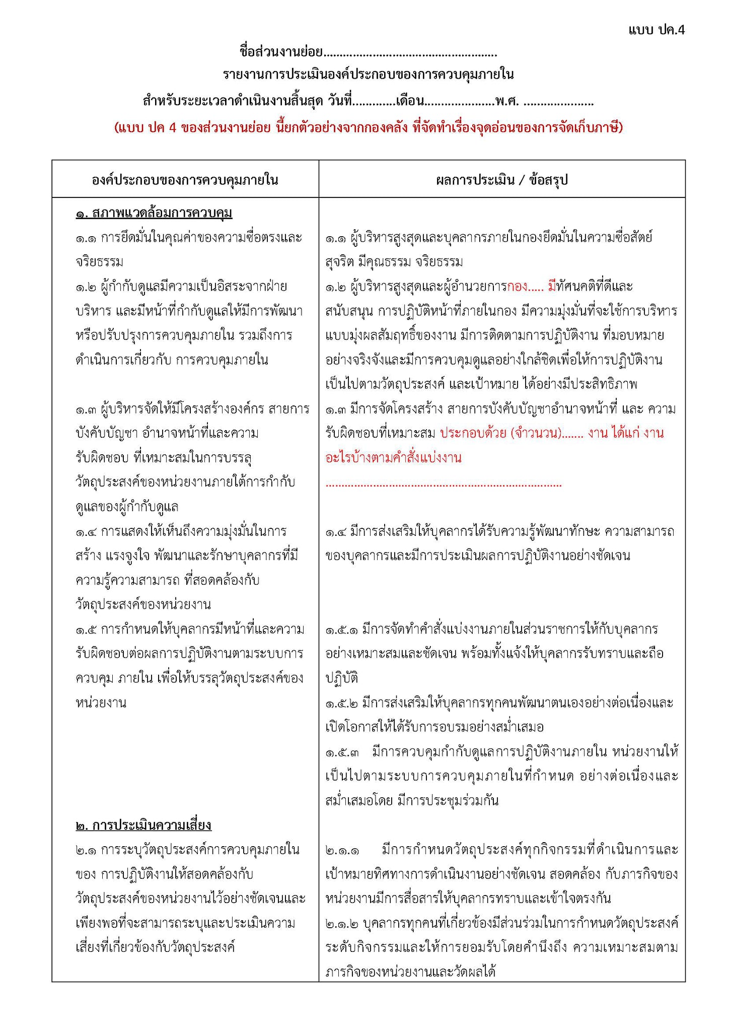 #แบบ ปค.4 รายงานการประเมินองค์ประกอบของการควบคุมภายใน (ยกตัวอย่างจากกอง ...