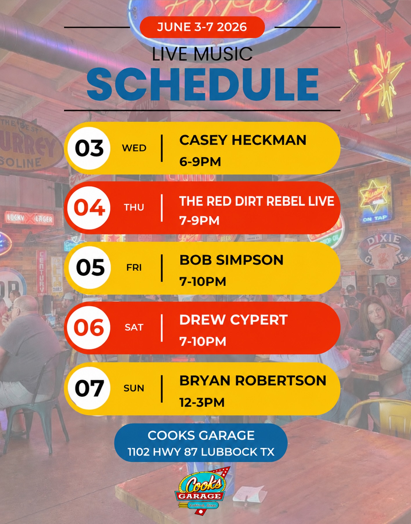 🎶 Live music all week long at Cook's Garage 🤠🎸Grab a cold drink