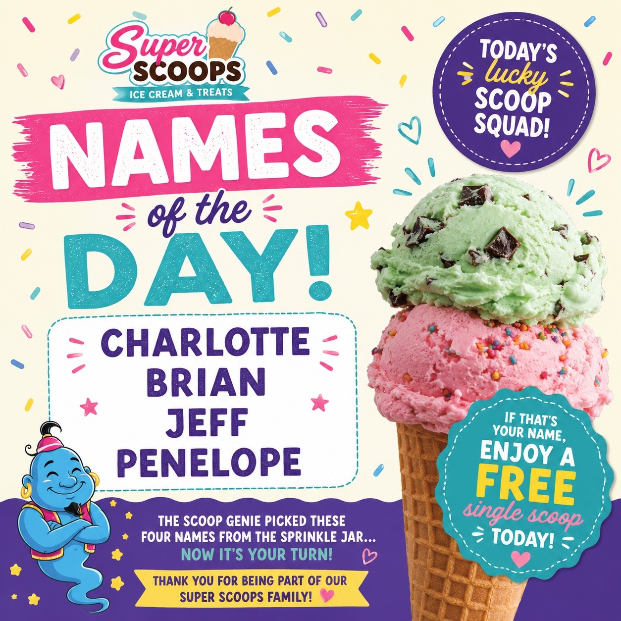 Free ice cream at Super Scoops for Charlotte, Brian, Jeff, and