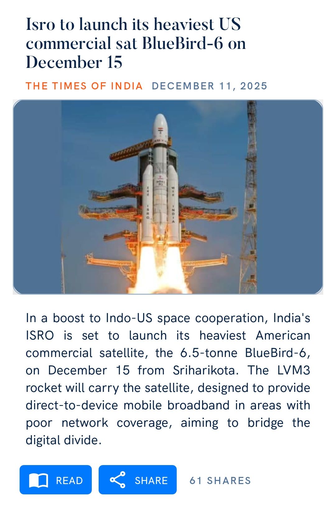Brij - Isro to launch its heaviest US commercial sat BlueBird-6 on ...
