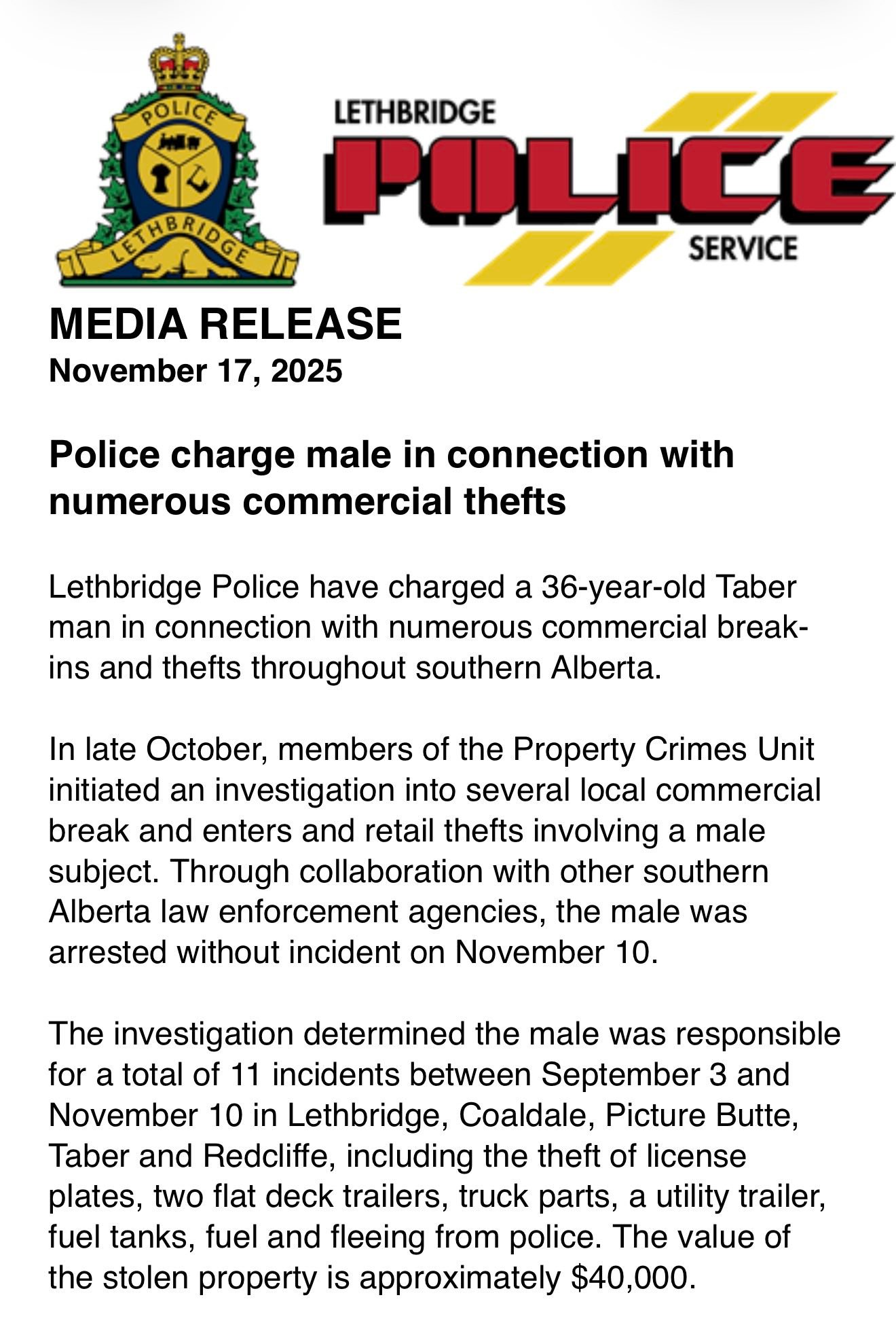 What's Going On In Lethbridge | Police have charged a 36-year-old Taber ...