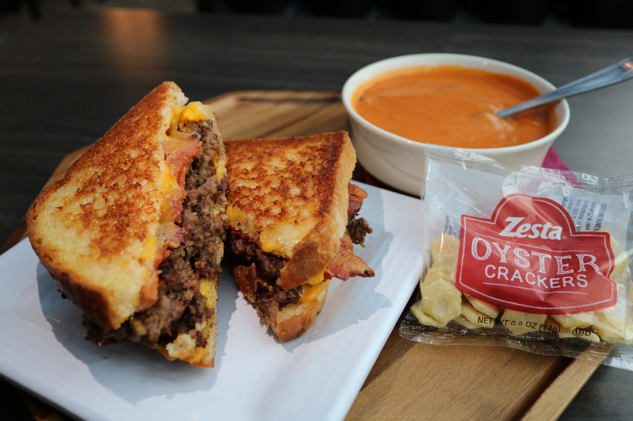 Back Bay Grill & Games' Hangover Hero burger and tomato bisque
