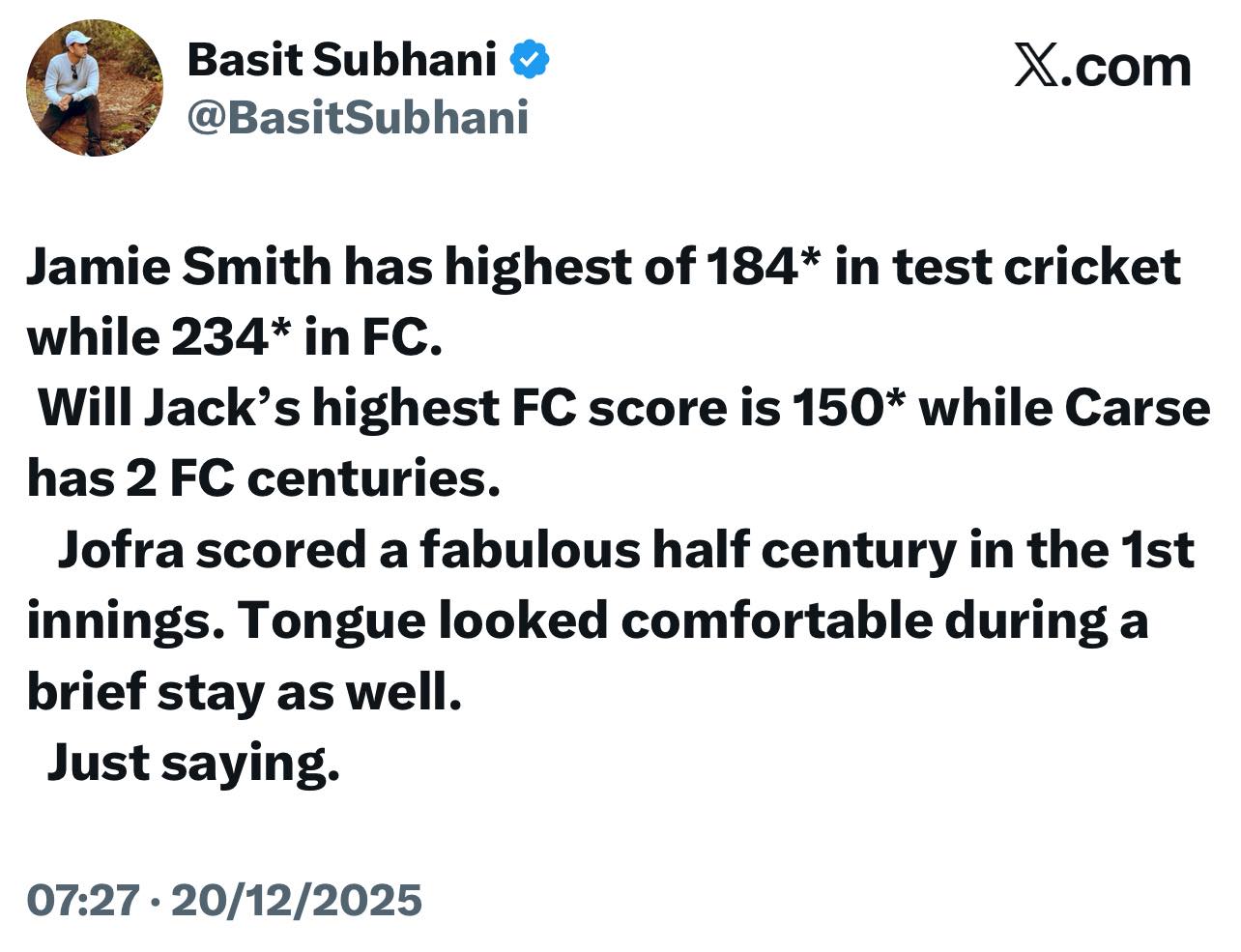 Basit Subhani - Jamie Smith has highest of 184* in test... | Facebook
