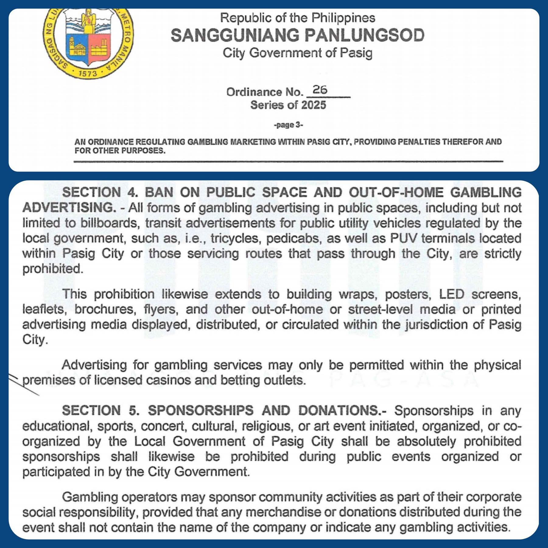 Proud - PASIG CITY BANS GAMBLING ADS Mayor Vico Sotto announced on ...