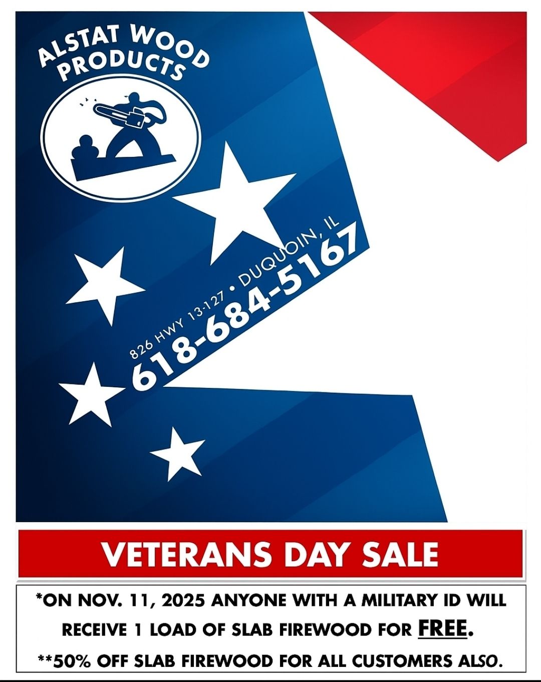 Alstat - FREE slab firewood for anyone with a military ID on November ...