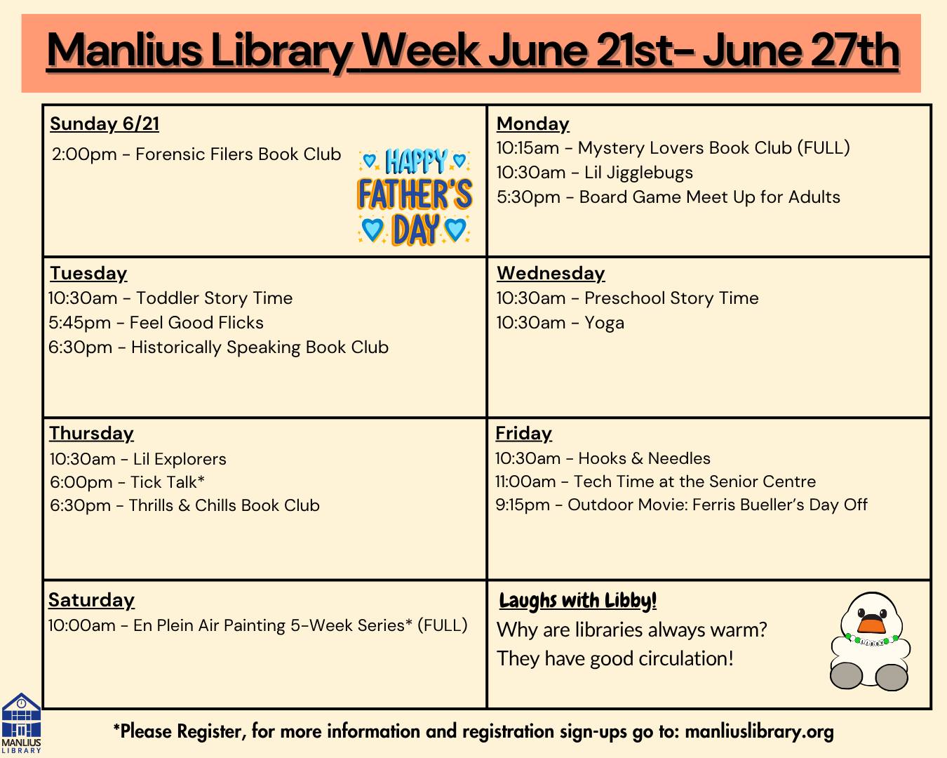 We have a fun week ahead of us! Will we see you here? And a Happy 