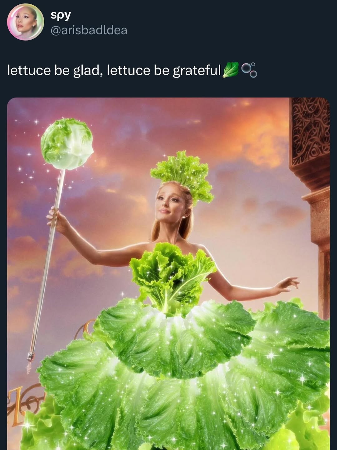 green dress meme 🤩 Lettuce be honest… we're fans! 🤩 Credit: @spookedtea #lettuce #meme #funny #joke #arianagrande #glinda #wicked #wicked2 #WickedForGood Maddie