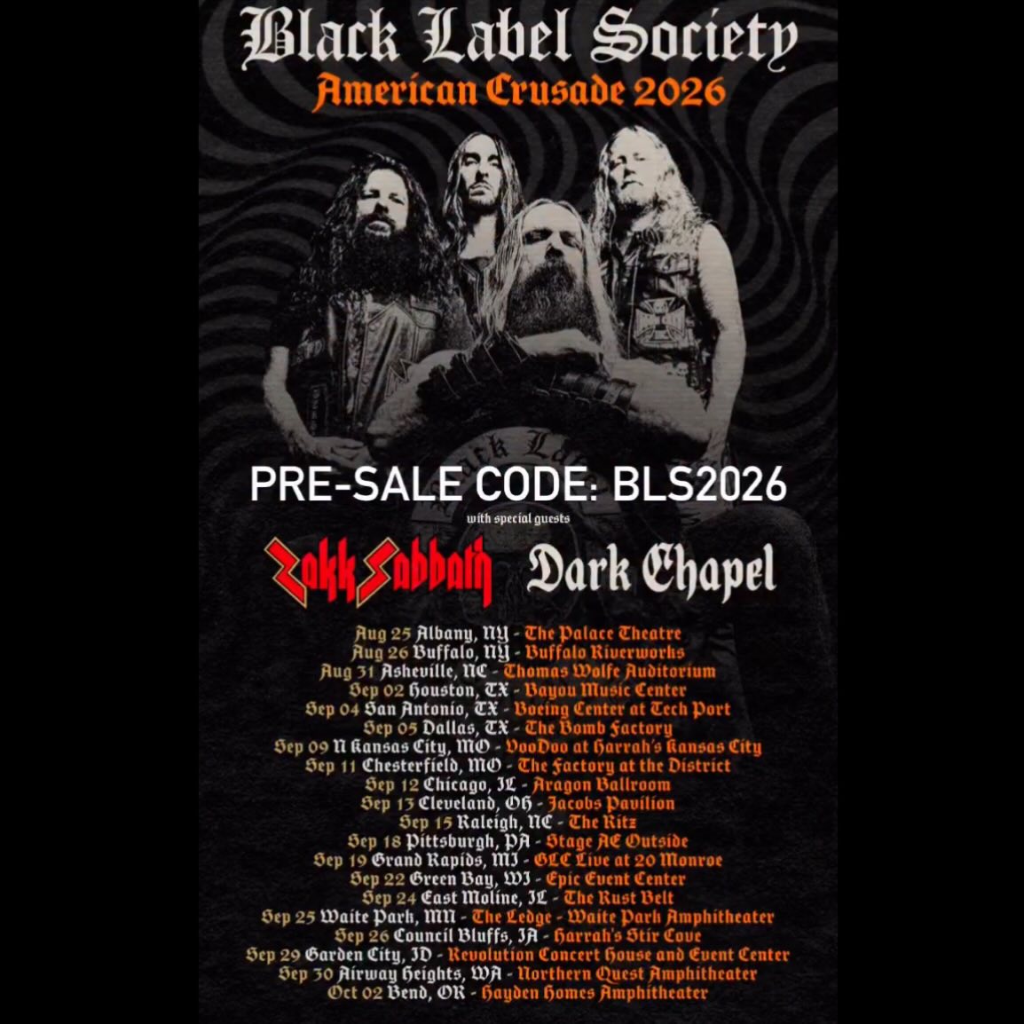 Black Label Society, Zakk Sabbath, Dark Chapel Announce Fall US
