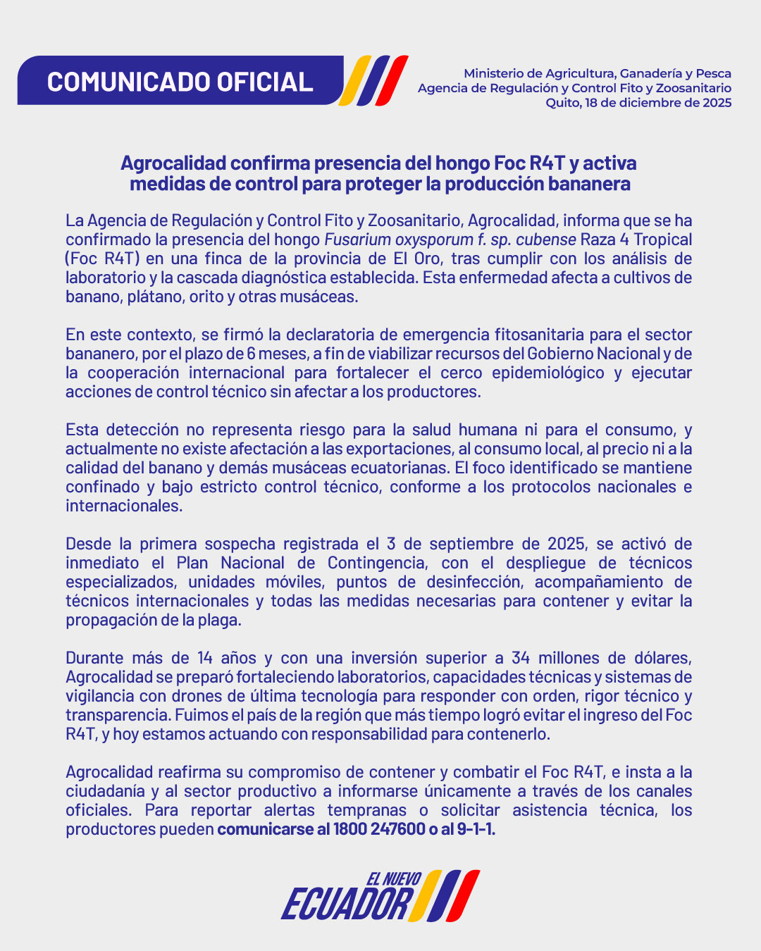 Radio - # URGENTE Comunicado oficial de #Agrocalidad Agrocalidad ...
