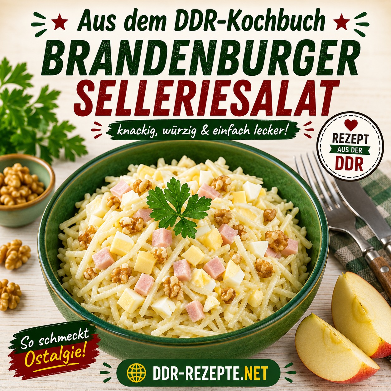 Brandenburger Selleriesalat 🥗🍎 Herzhaft, frisch und herrlich cremig – der Brandenburger Selleriesalat verbindet knackigen Sellerie mit würzigem Kaßler, hartgekochten Eiern und einem saftigen Apfel. Die cremige Mischung aus Mayonnaise und saurer Sahne