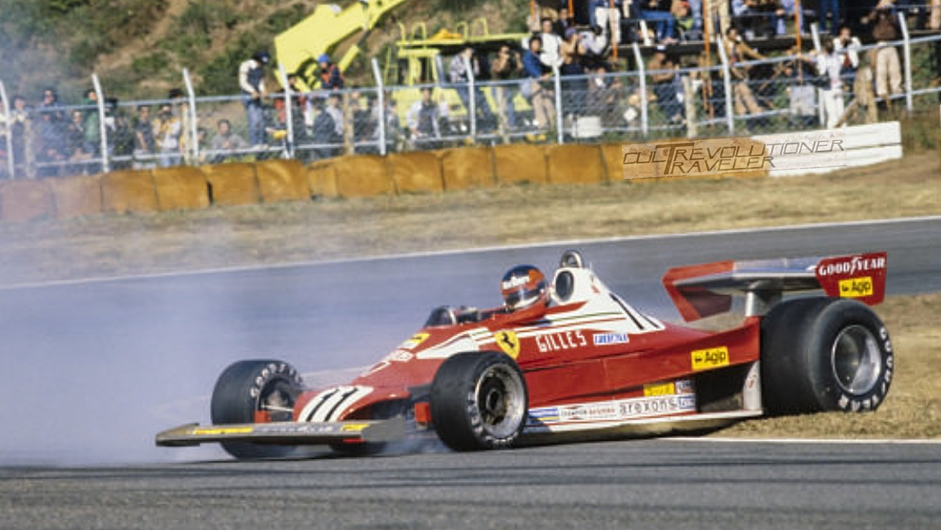 Year 1977 Japanese GP Gilles Villeneuve, Ferrari 312T2 spins onto