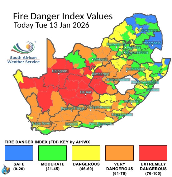 Your - FIRE DANGER INDEX (FDI) Warning Map ⏰ 06:30 SAST 🗓️ Tuesday 13 ...