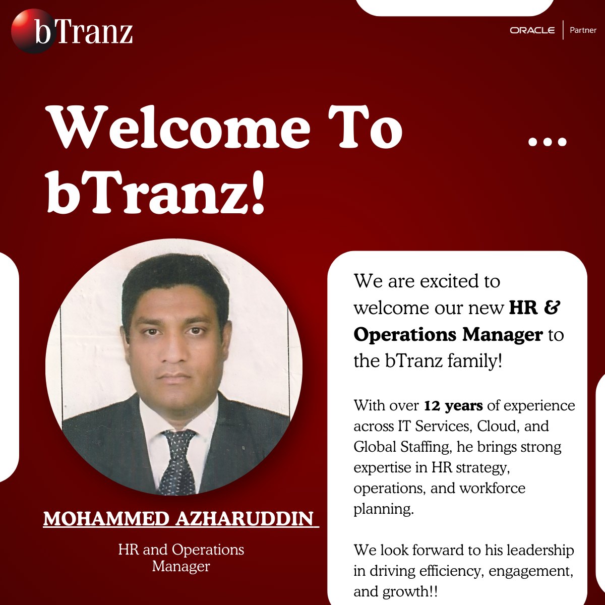 bTranz - 𝐖𝐞𝐥𝐜𝐨𝐦𝐢𝐧𝐠 𝐎𝐮𝐫 𝐍𝐞𝐰 𝐇𝐑 & 𝐎𝐩𝐞𝐫𝐚𝐭𝐢𝐨𝐧𝐬 𝐌𝐚𝐧𝐚𝐠𝐞𝐫 We are delighted to ...