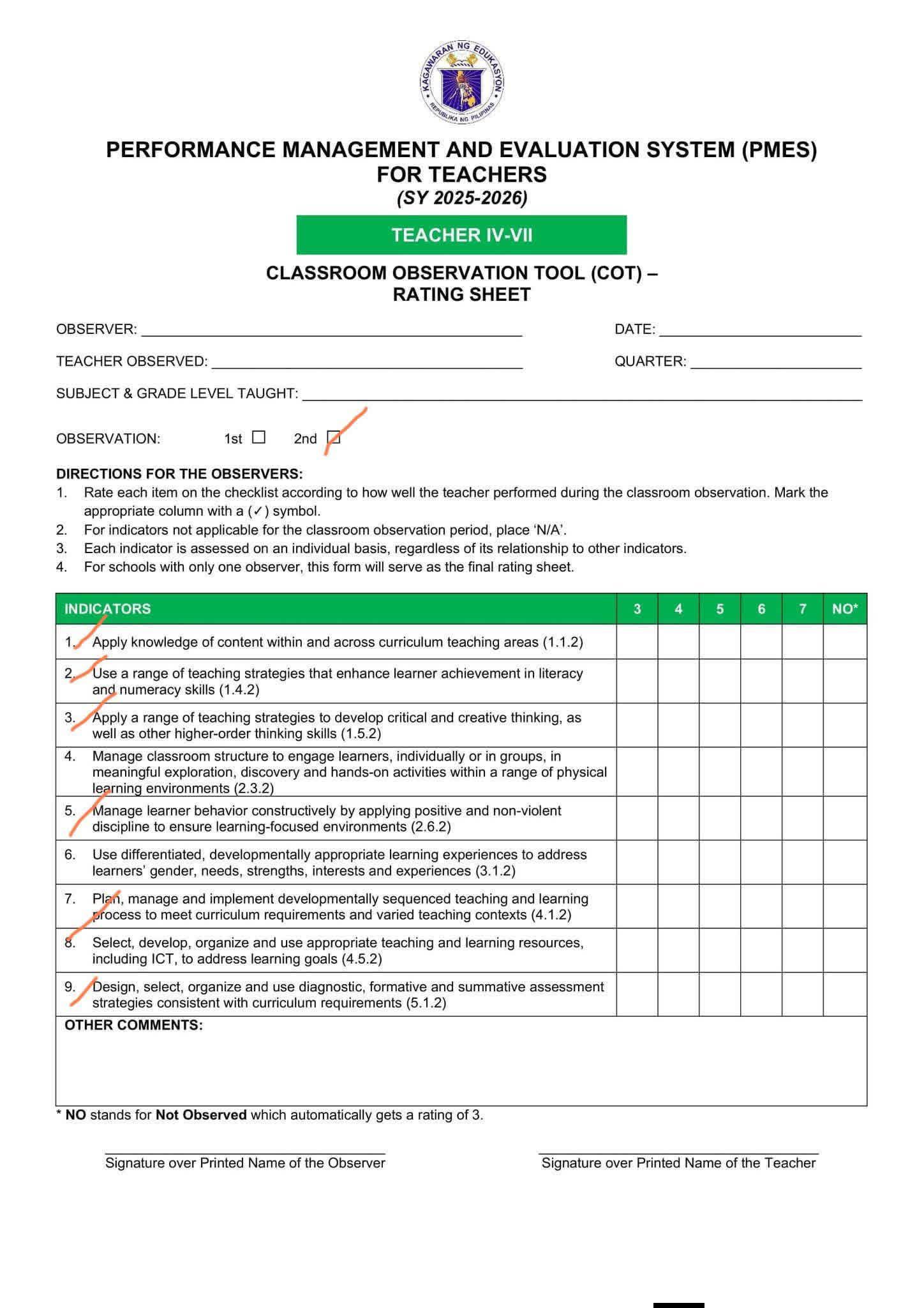 Kindergarten - Classroom Observation Tool Rating Sheet for CO2 Teacher ...