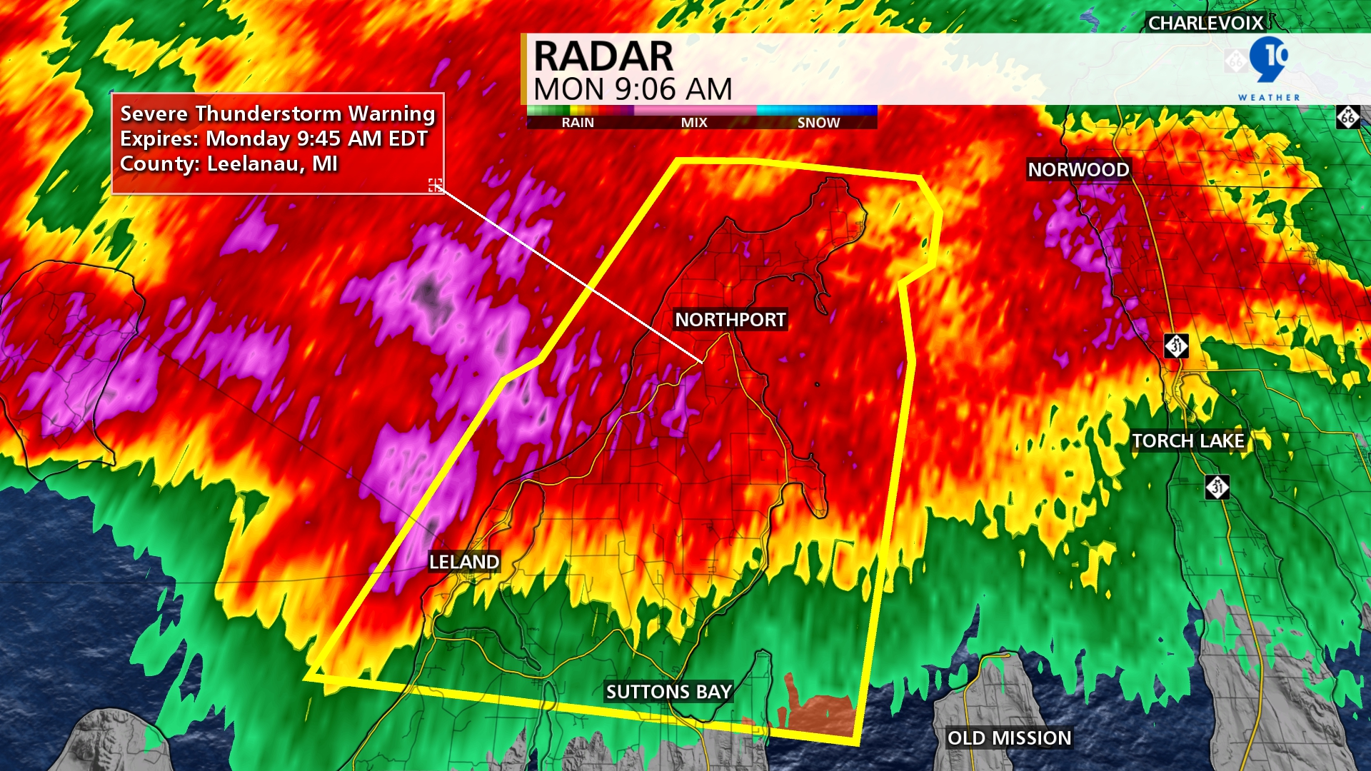 Severe Thunderstorm Warning for Leelanau County until 9:45am. This