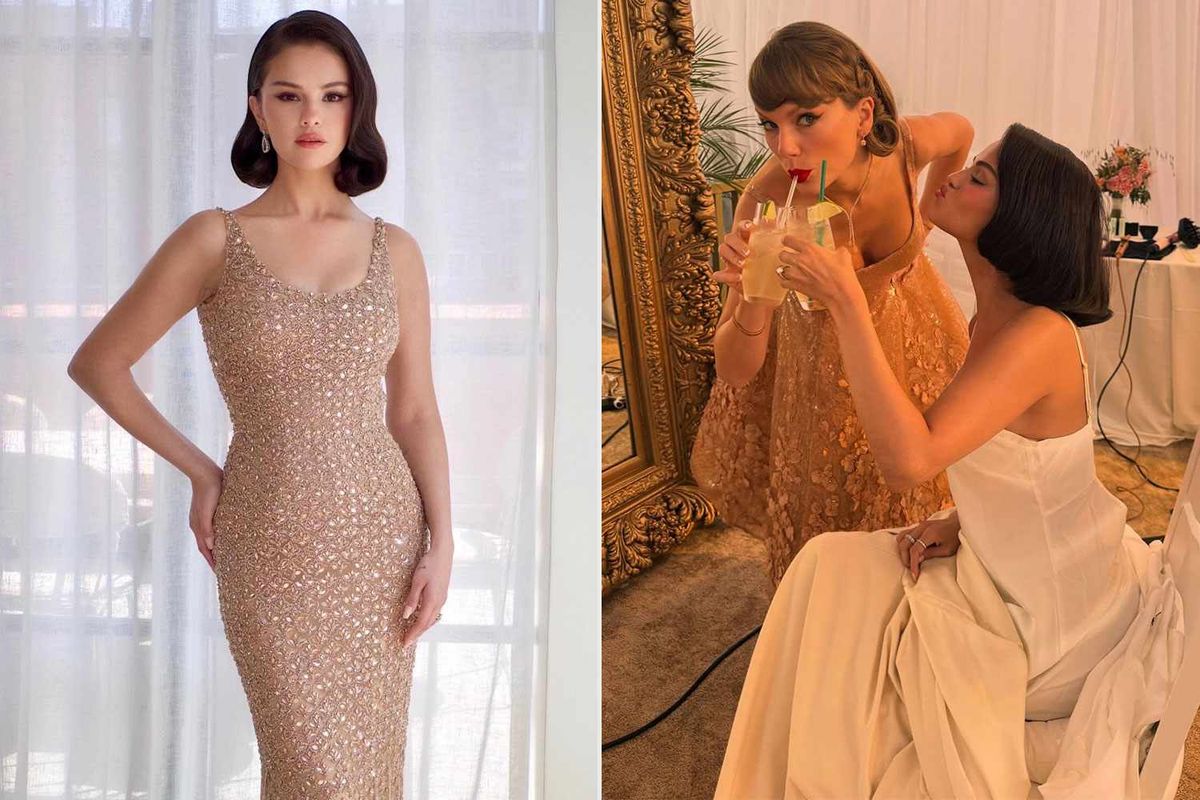 taylor swift gold lace wedding guest dress and Selena Gomez Both Wore Sparkling Dresses for Each Other's Big Day 📷: selena gomez/instagram style:Shift