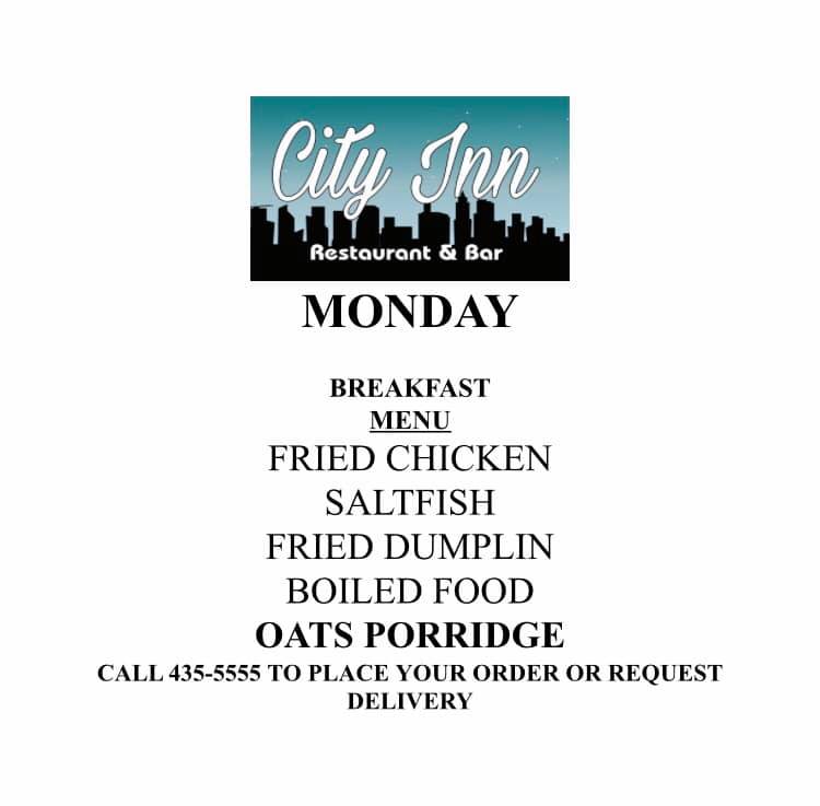 City Inn - Menu for Monday, call us for your order.