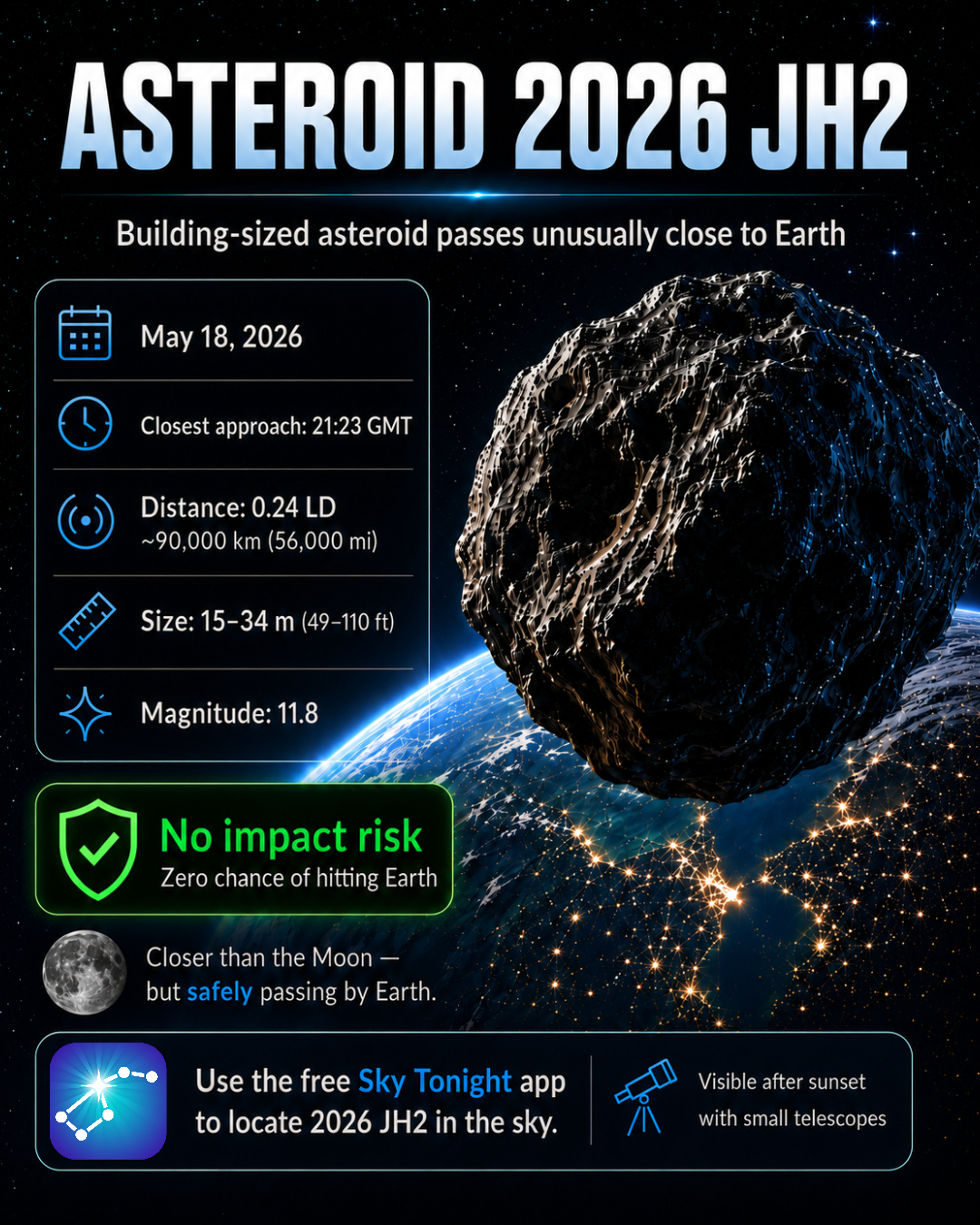 Asteroid 2018 SP2 passes Earth at five times lunar distance today