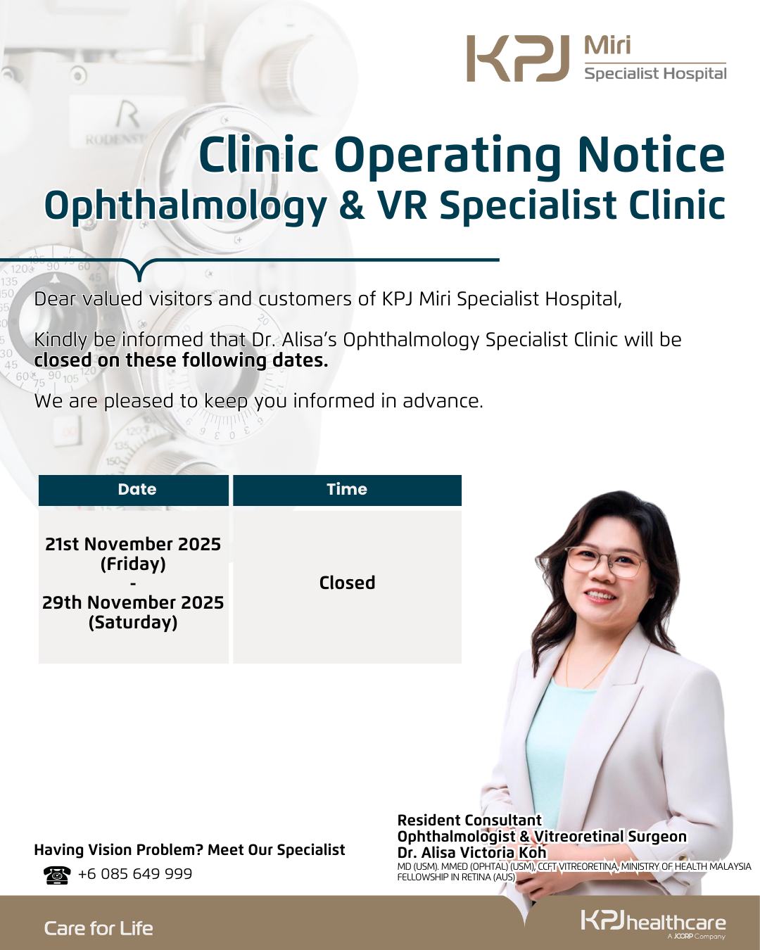 KPJ - 📢𝗗𝗿. 𝗔𝗹𝗶𝘀𝗮 𝗢𝗽𝗵𝘁𝗵𝗮𝗹𝗺𝗼𝗹𝗼𝗴𝘆 𝗦𝗽𝗲𝗰𝗶𝗮𝗹𝗶𝘀𝘁 𝗖𝗹𝗶𝗻𝗶𝗰 𝗢𝗽𝗲𝗿𝗮𝘁𝗶𝗻𝗴 𝗡𝗼𝘁𝗶𝗰𝗲📢 ...