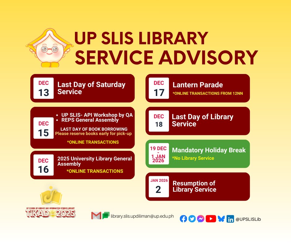 U.P. - 𝗨𝗣𝗦𝗟𝗜𝗦 𝗟𝗶𝗯𝗿𝗮𝗿𝘆 𝗔𝗱𝘃𝗶𝘀𝗼𝗿𝘆 Please be guided by the #UPSLISLib’s ...