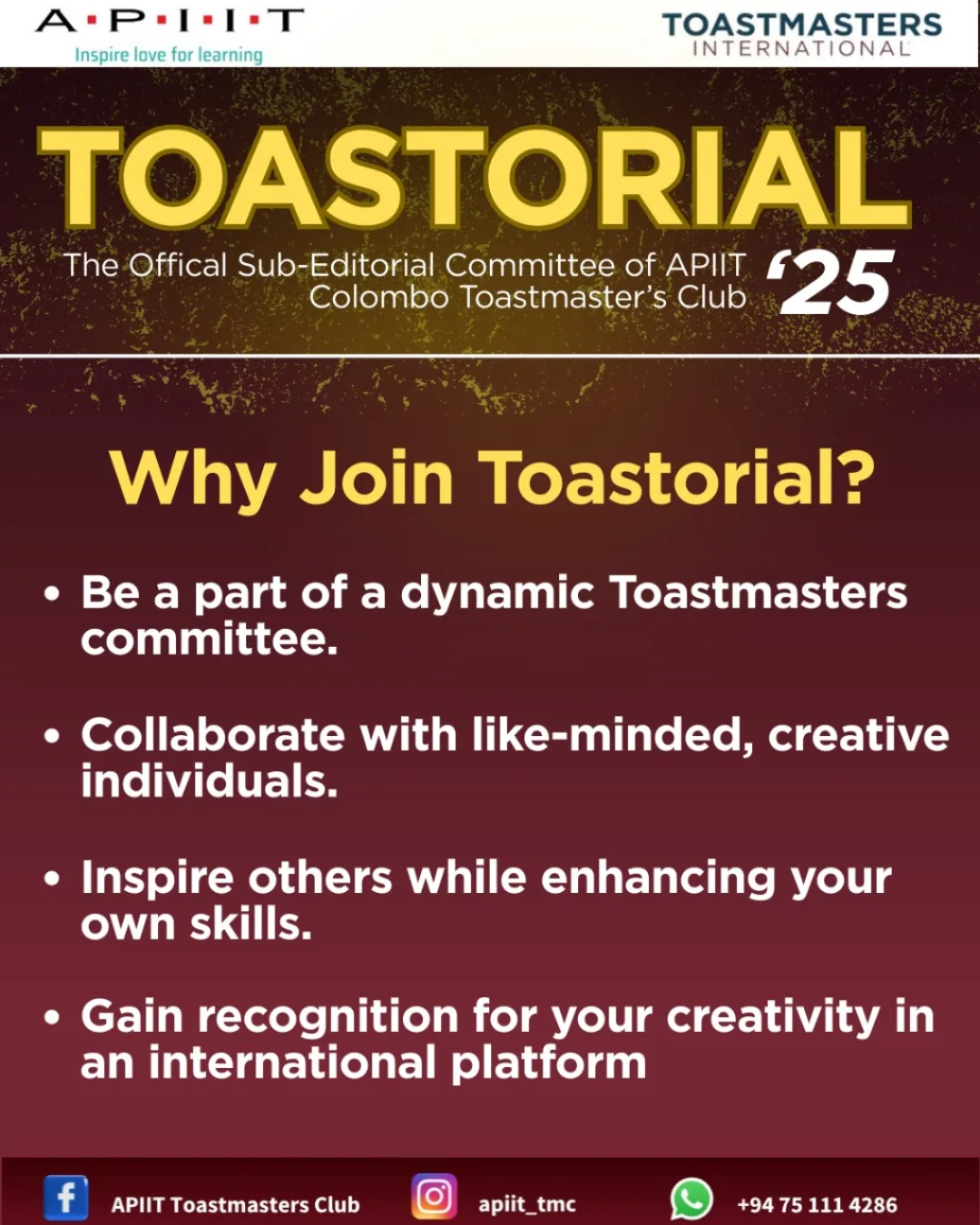 APIIT-Toastmasters - 🌟 TOASTORIAL ’25 is here! 🌟 The APIIT Colombo ...
