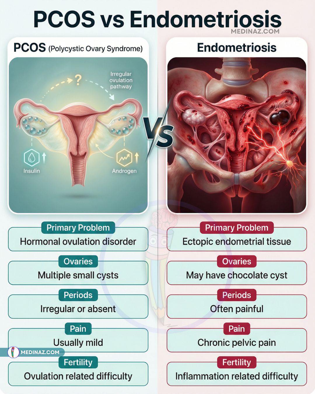Medinaz - 🟣 PCOS vs Endometriosis Two Different Conditions — Often ...
