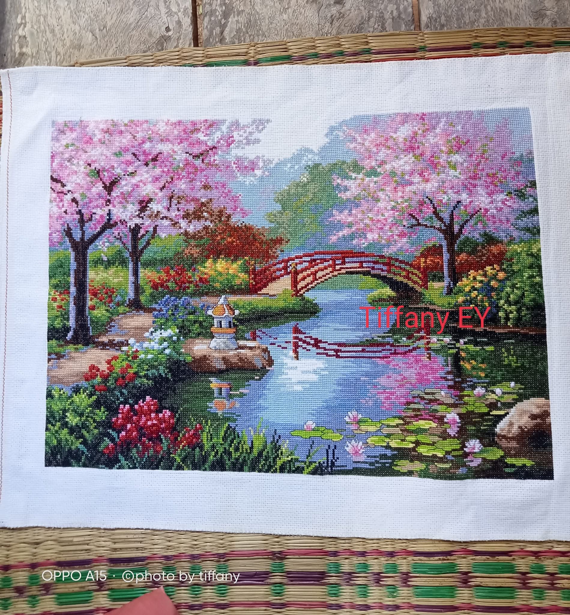 Completed Japanese garden cross stitch project