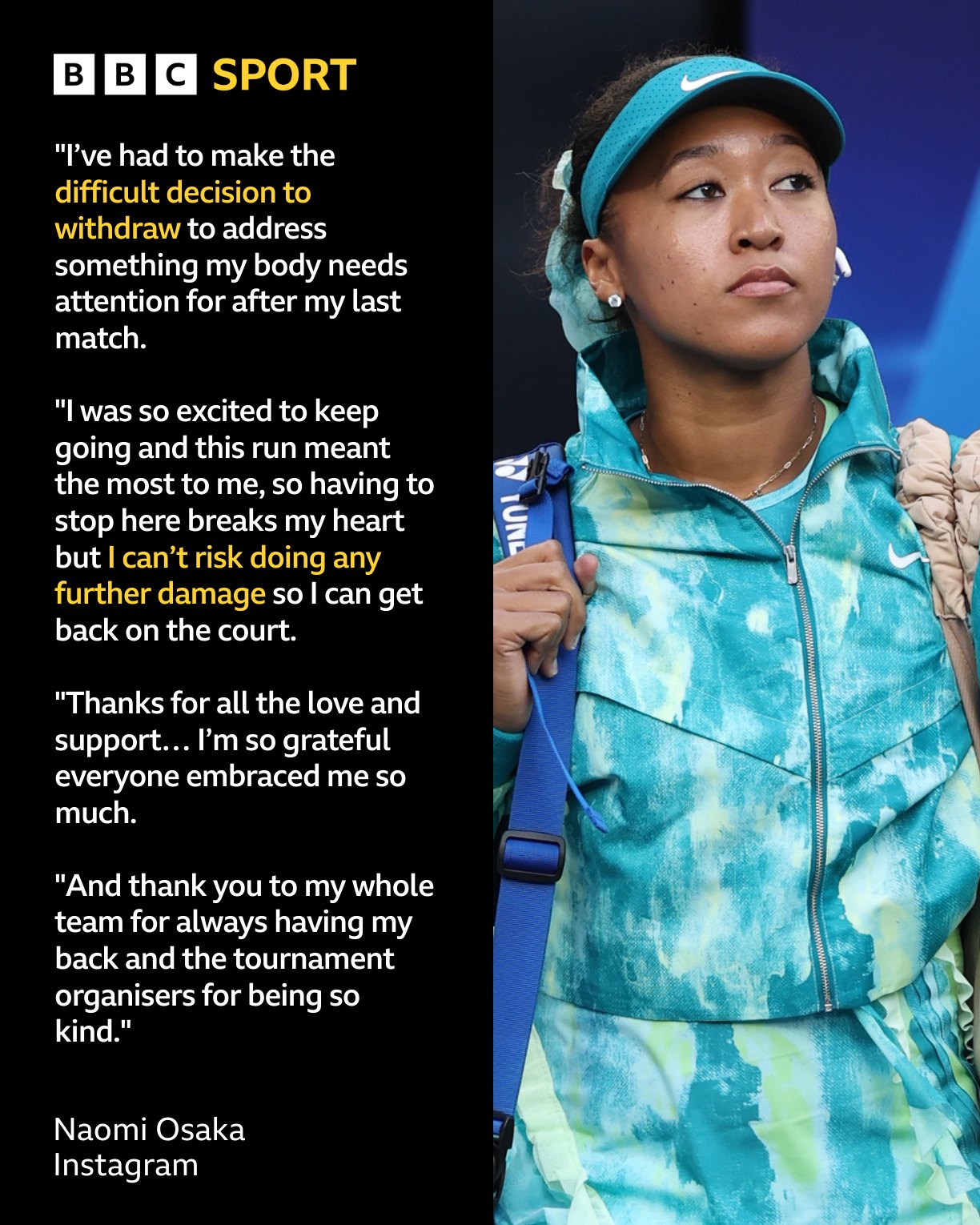 Naomi Osaka withdraws from Australian Open due to injury