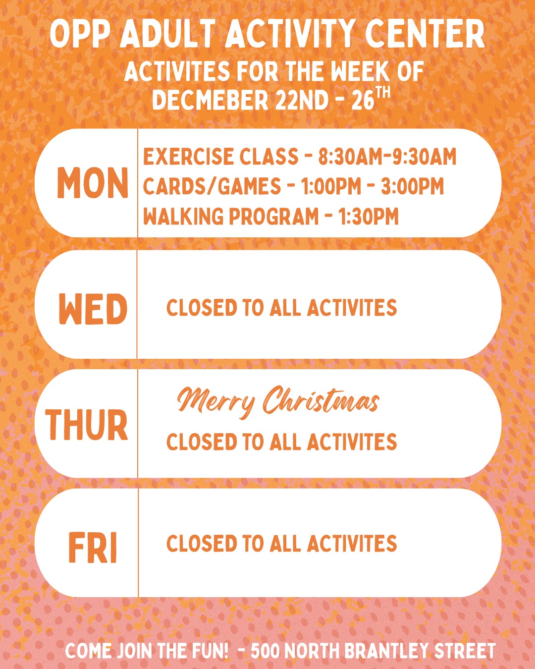 🎄 Weekly Schedule at the Adult... - Opp Adult Activity Center | Facebook