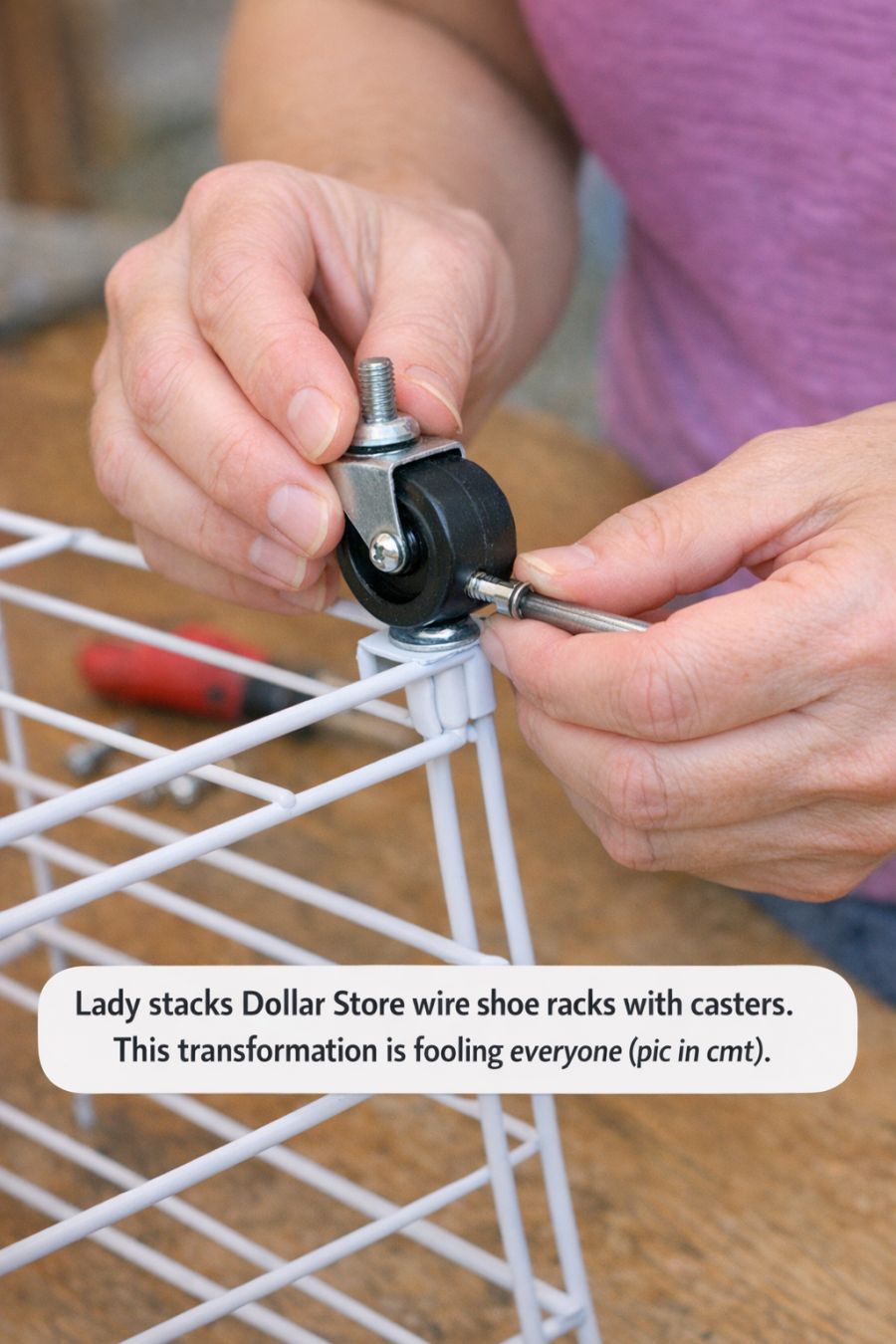 DIY - Lady stacks Dollar Store wire shoe racks with casters. This ...