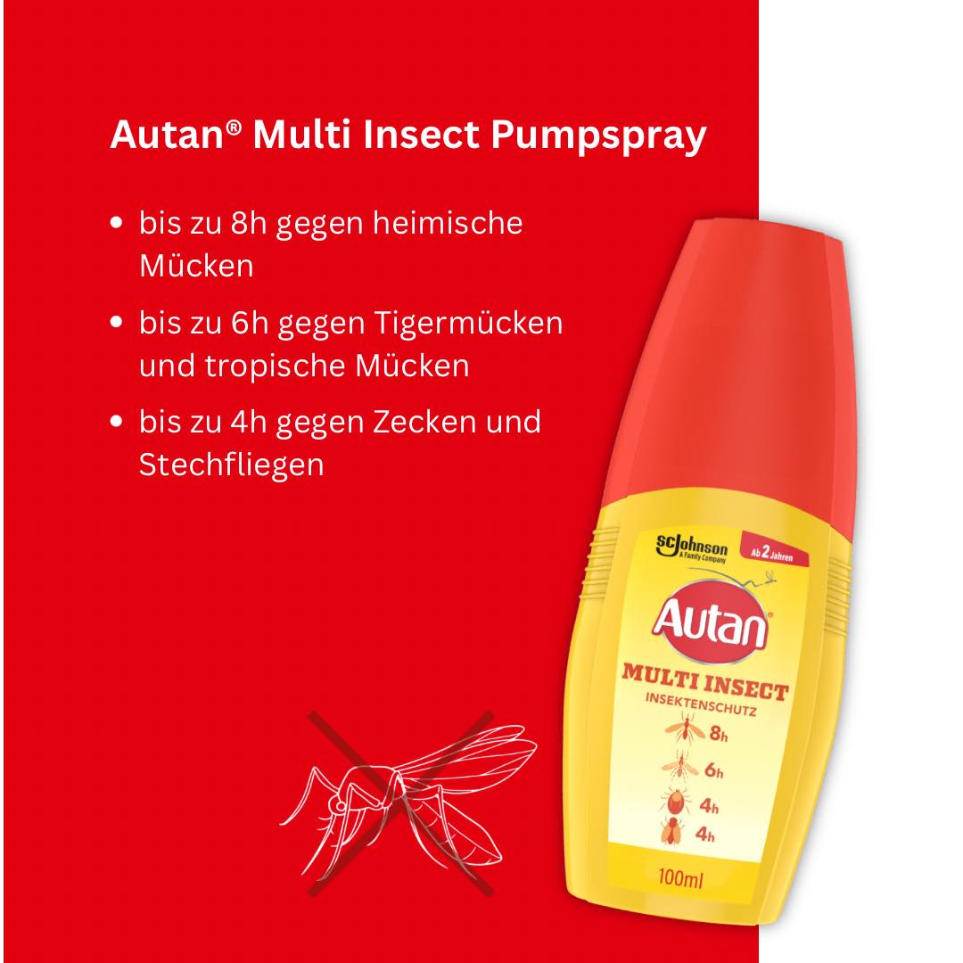Multi Insektensprays können dich im Freien vor lästigen Stichen schützen! 💪 Mit dem Autan® Multi Insect Pumpspray bist du bis zu 8 Stunden vor verschiedenen Mückenarten geschützt