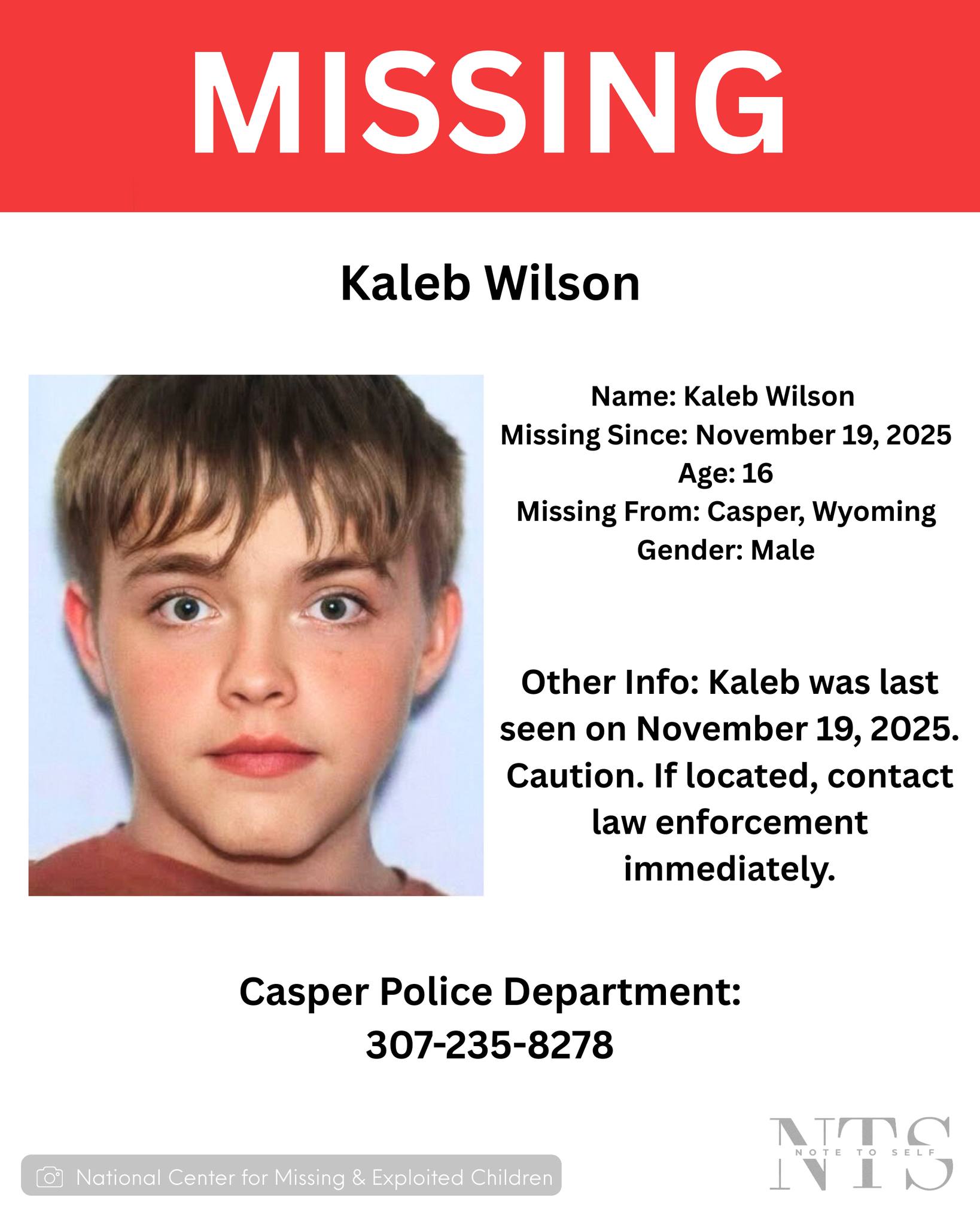 Note - 16-year-old Kaleb Wilson is missing. The Casper Police ...