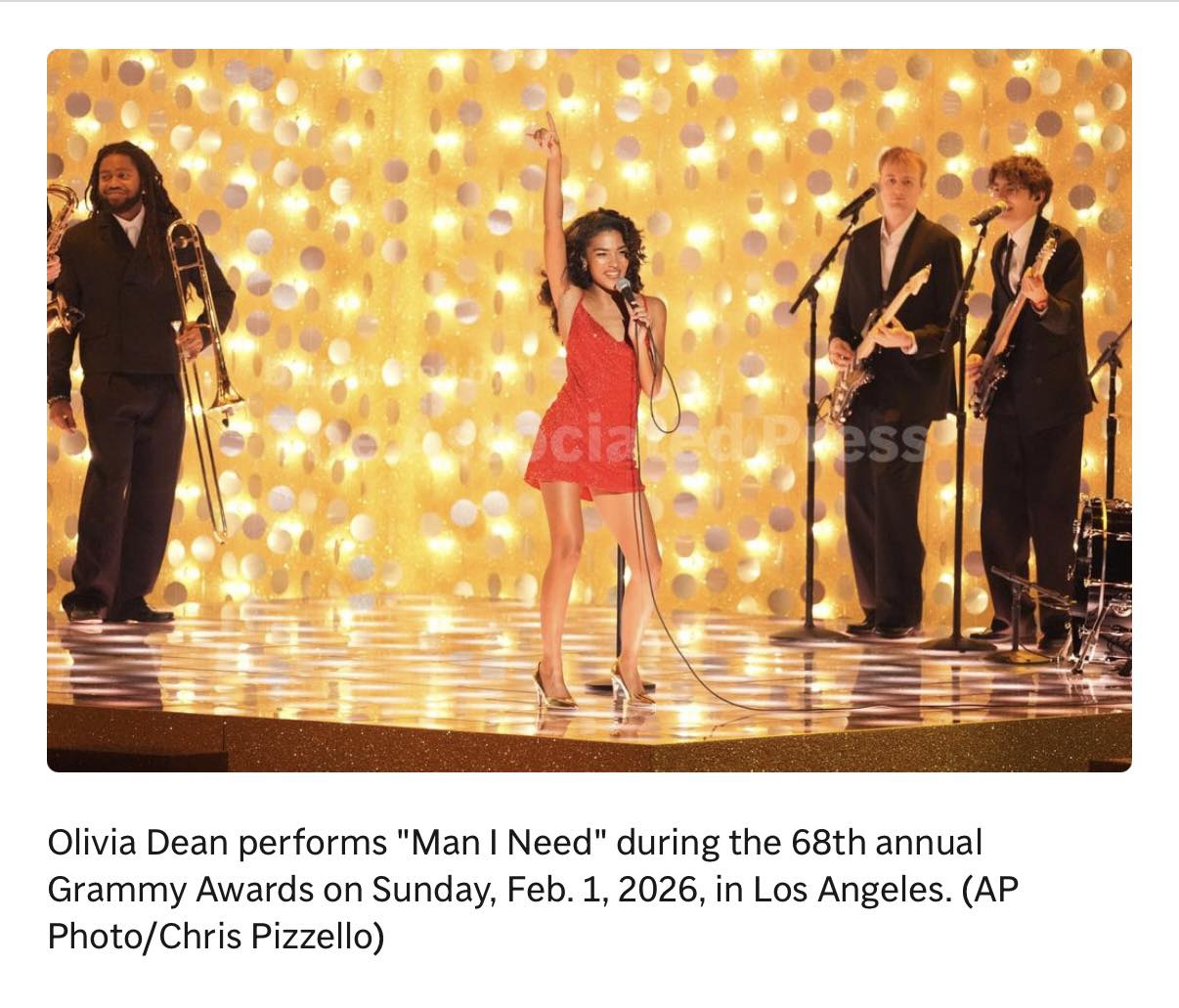 FROM THE WINY RADIO NEWSROOM: LOS ANGELES (AP) — Olivia Dean took 