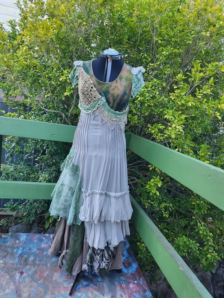 swamp green dress wytche upcycled from repurposed clothing sage green dress