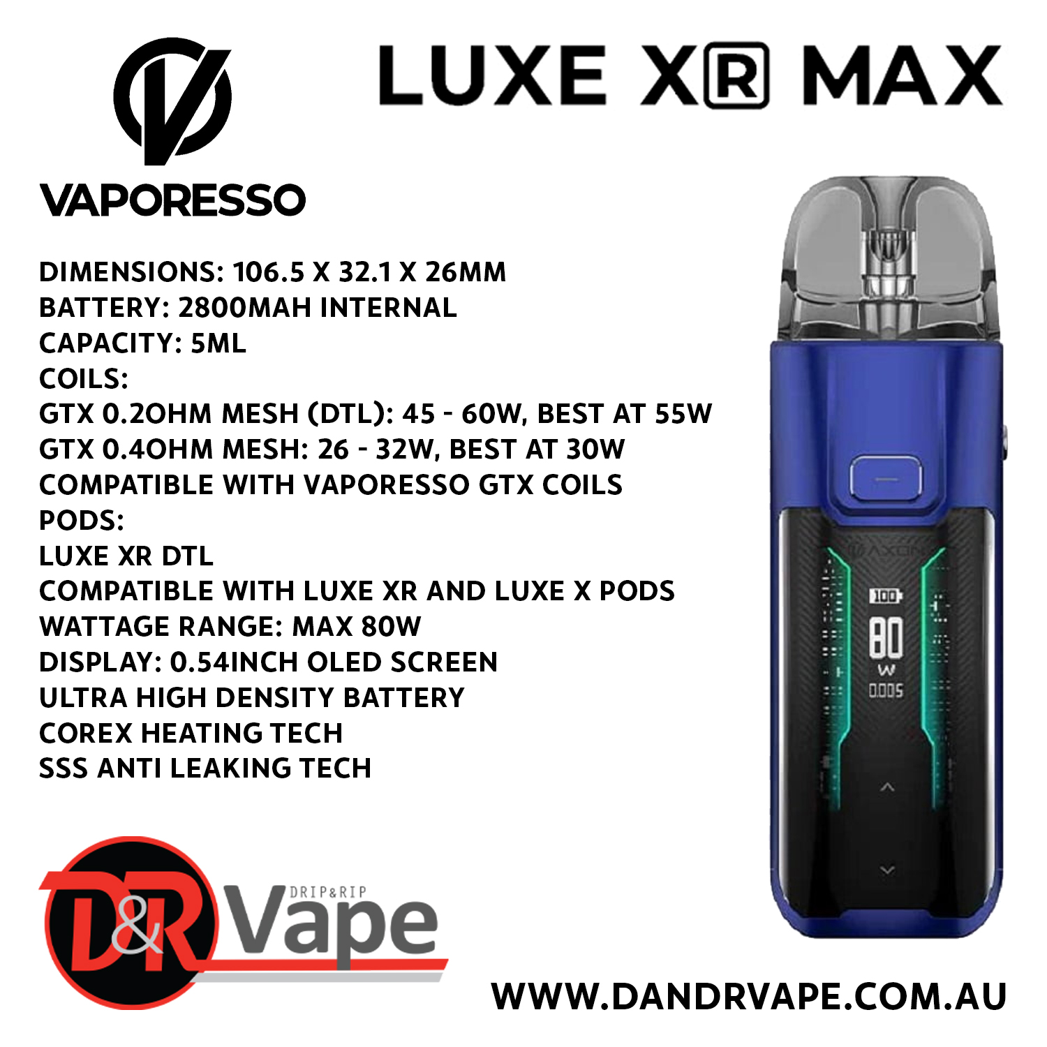 vaporesso luxe xr max dimensions Pod Kit, The Vaporesso Luxe XR Max vape kit is a robust yet compact vape, designed with portability in mind. Its 2800mAh built-in battery supports plenty of vaping mango mint vape Choose Flavor:Code White Lost Mary OS5000 Zero
