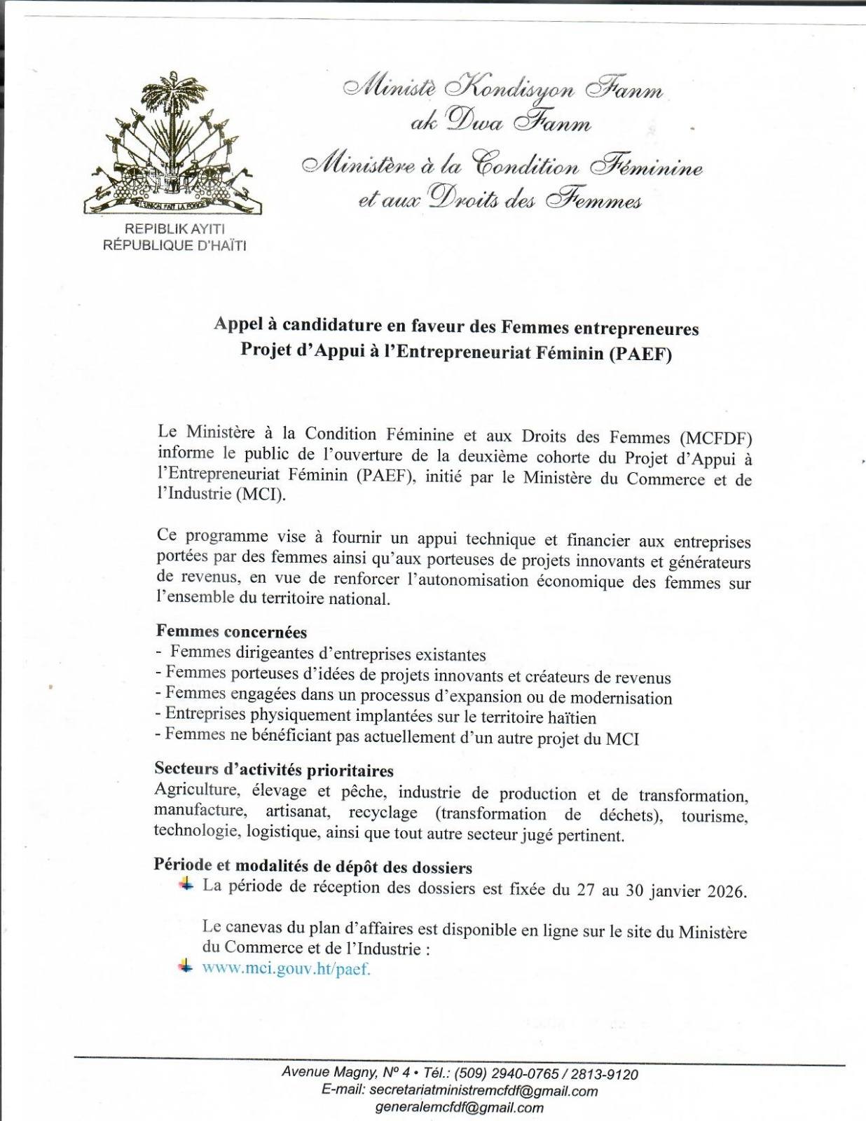 Appel à candidature en faveur des Femmes entrepreneures Projet d’Appui ...