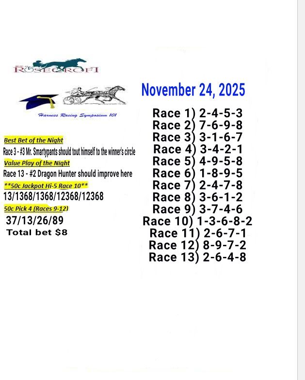 Harness - *Rosecroft Raceway selections for Mon 11/24/25* | Facebook