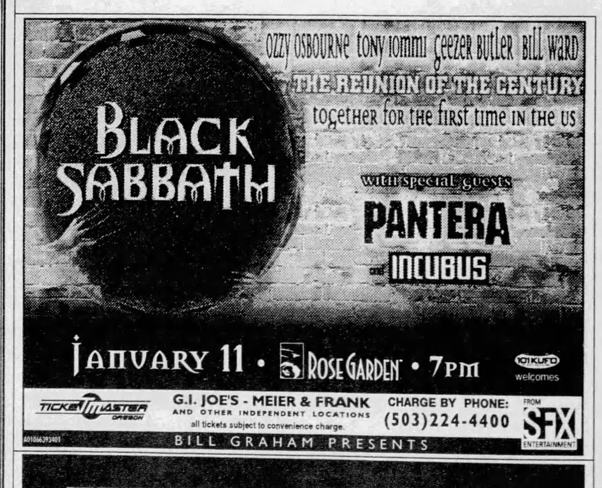 Black Sabbath's 1999 reunion tour at Rose Garden Arena