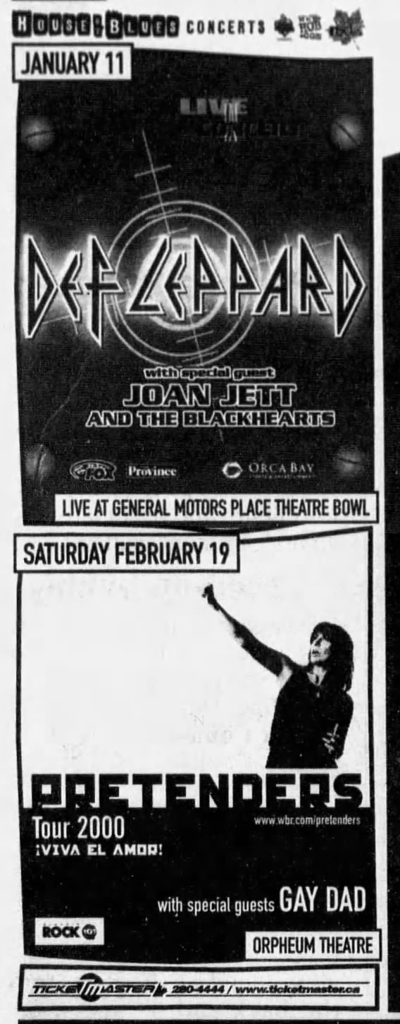 Def Leppard and Pretenders 2000 tour dates in Vancouver
