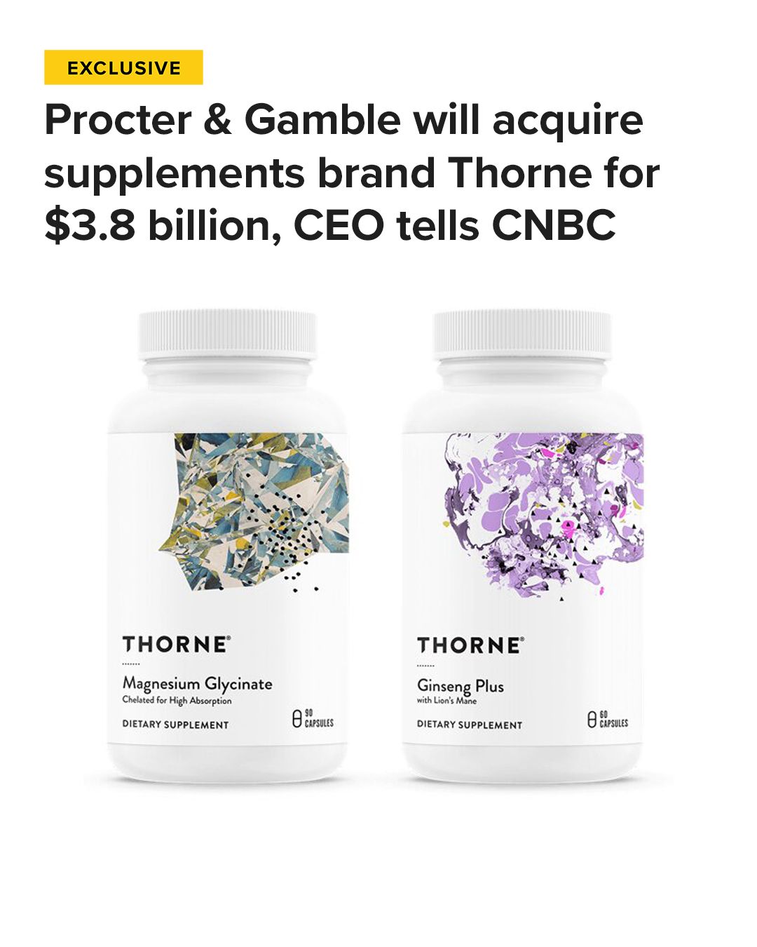 Procter & Gamble is buying supplement brand Thorne for $3.8 billion, CEO Shailesh Jejurikar said on CNBC's “Squawk on the Street.” The acquisition, which is set to be announced Tuesday, is a