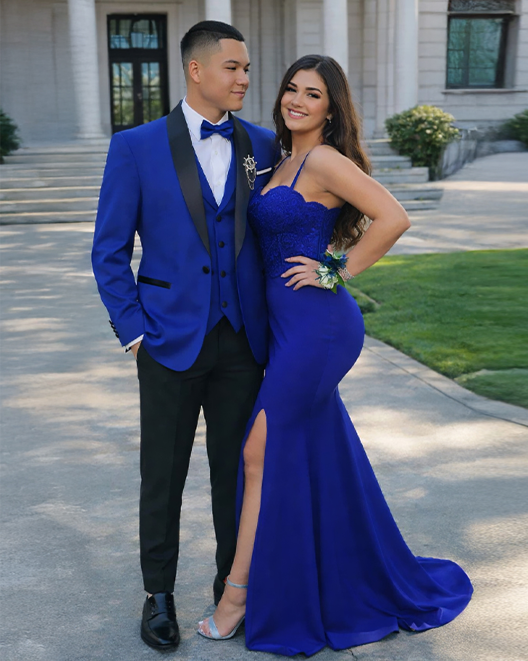 black and blue dress couple Looking to match your prom date? A bold royal tuxedo with shawl lapel pairs perfectly with her blue gown for a standout look. Find your perfect match with Andre Nothing says 90s like jul26usa Color:Ink-Blue