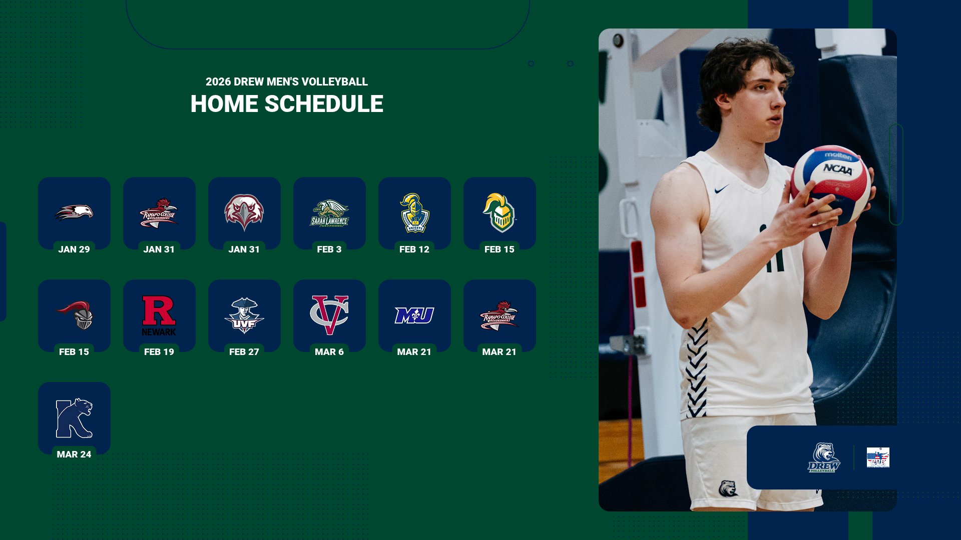 Drew - Don't miss @drewunivmvb at home this season! The team plays 13 ...
