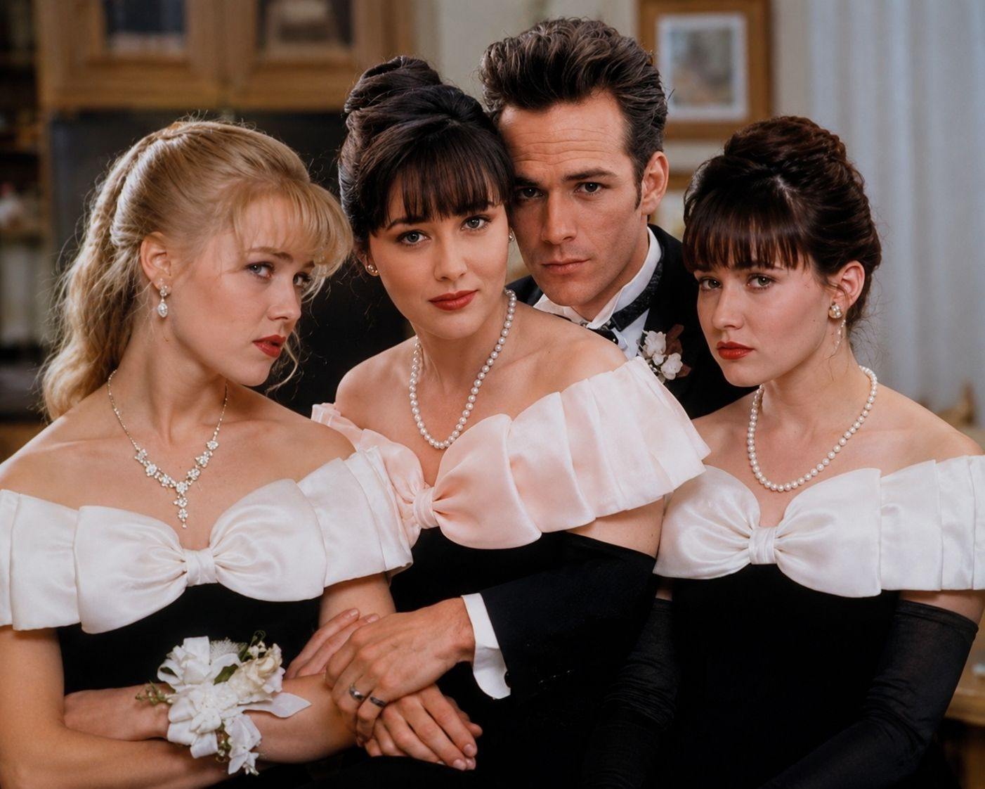 90210 black and white dress Brenda or Kelly: who wore the wedding better on Beverly Hills 90210? 90210 halloween costumes High Neck Long Sleeve Ruffle Prom Dresses Size:36 UK Jacket/Waistcoat + 30W Trousers