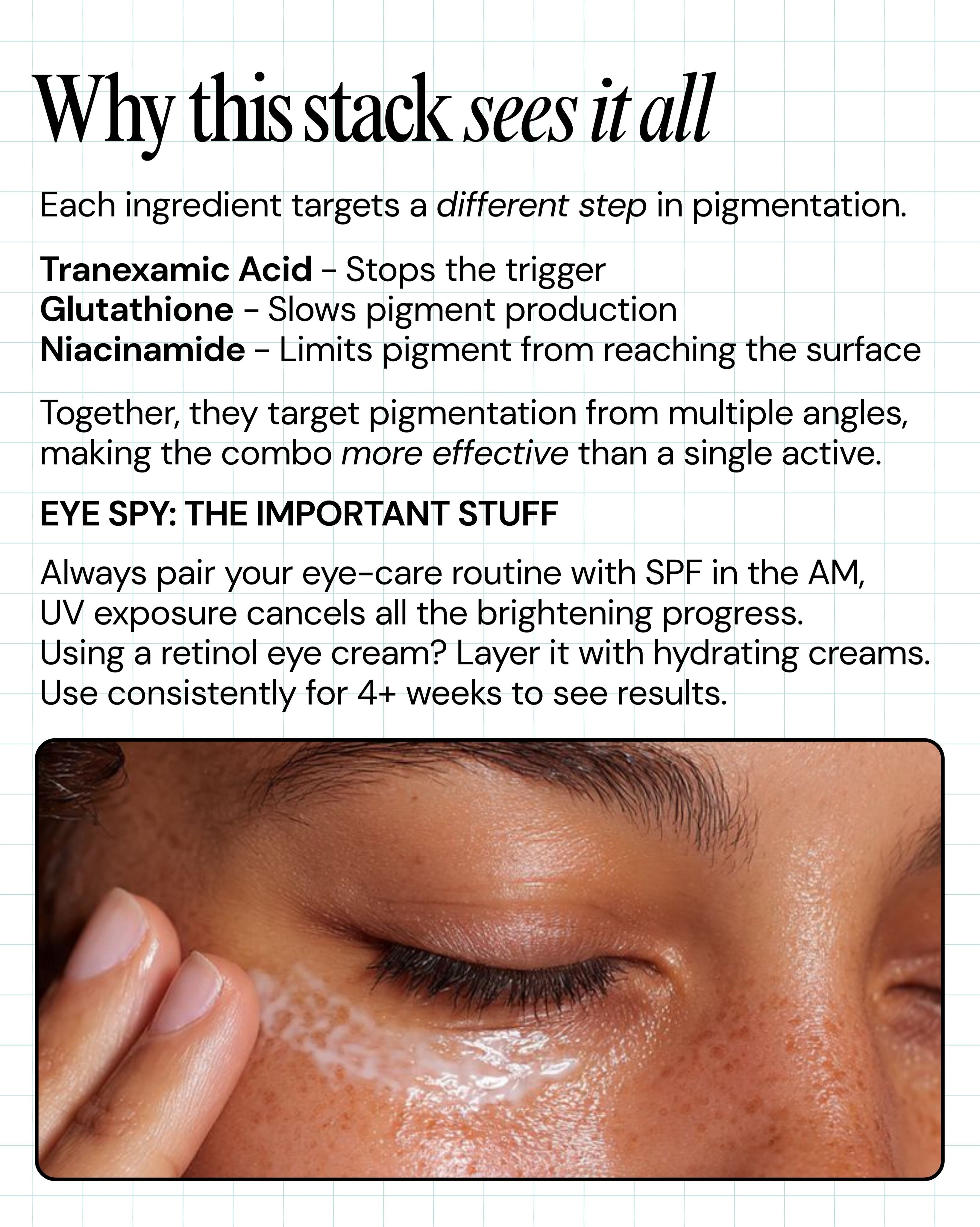 glutathione before and after eyes You've probably been buying eye creams based on hype… Start buying them based on ingredients instead.💙 This carousel breaks down the ingredient stack that targets pigmented dark circles the K-beauty products Skin Concern_not breakouts Choose your pack:Pack of 2 (30 Tablets) DSIP 5MG | Alpha